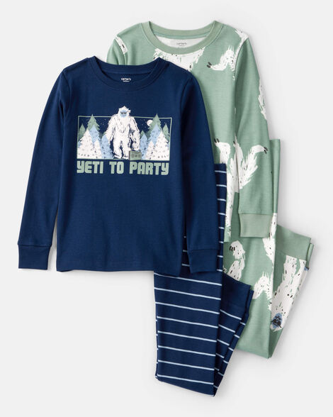 boys yeti print 100% cotton long-sleeve snug fit 4-piece pajamas - green/navy