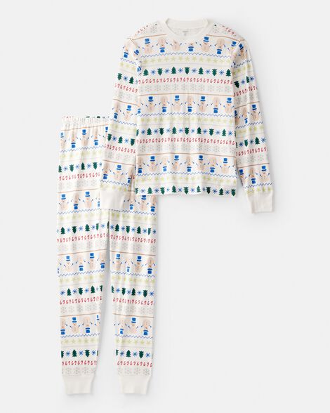 adult snowman fair isle 100% cotton long-sleeve 2-piece pajamas - white