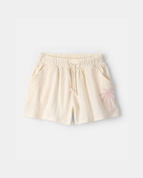 girls palm tree embroidered gauze shorts - cream
