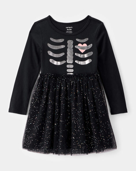 toddler halloween skeleton glitter tulle dress - black