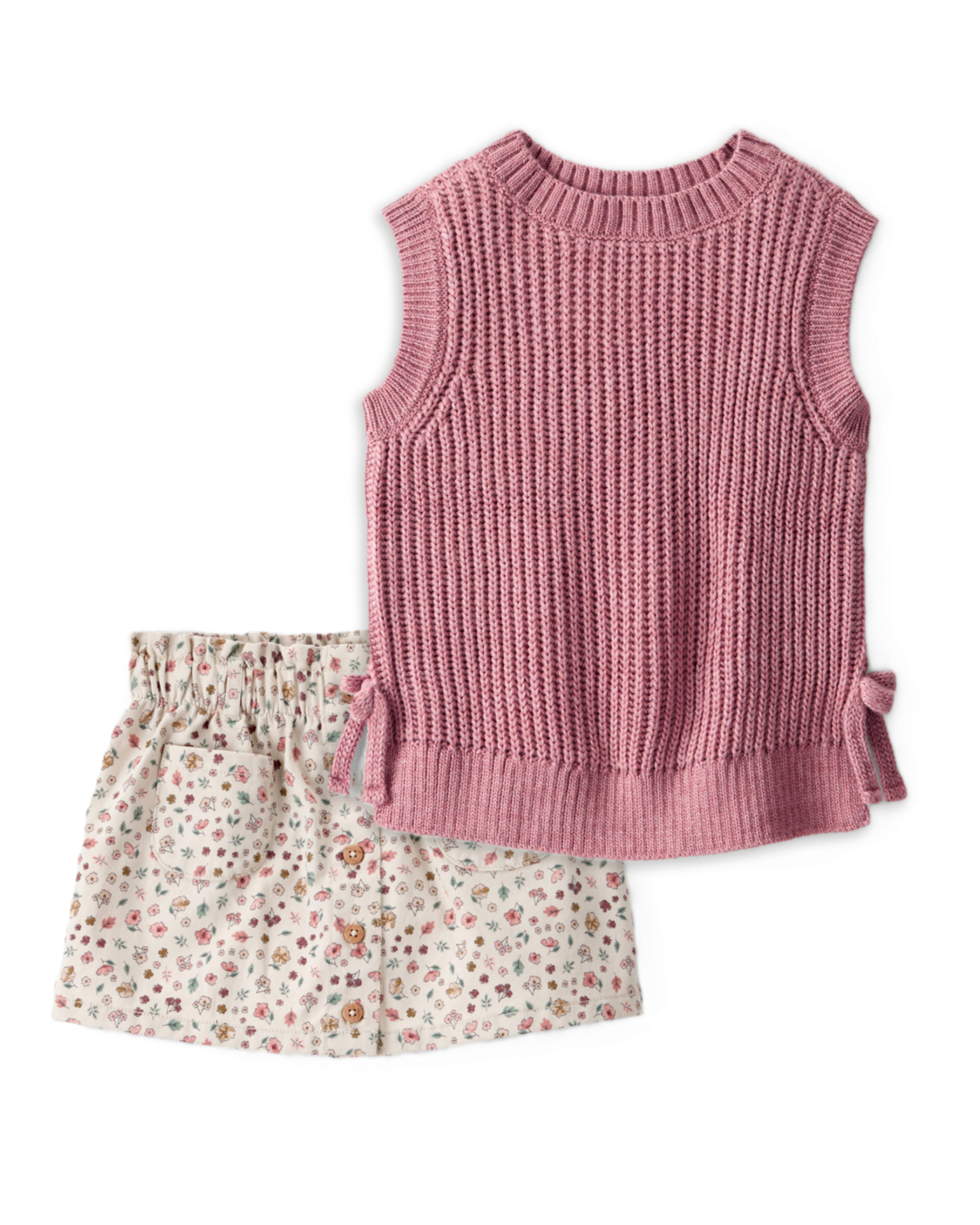 Toddler Girl 2-Piece Sleeveless Sweater Top & Floral Print Cotton Skirt Set - Multi