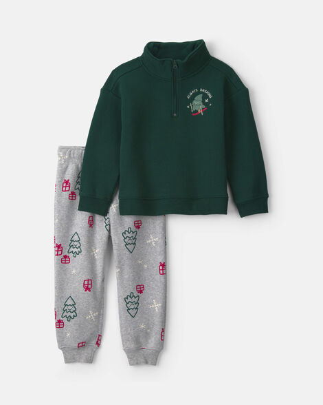 baby boy 2-piece christmas ski fleece top & pant set - green/grey