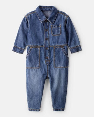 Baby Boy Canvas Long-Sleeve Jumpsuit - Brown
