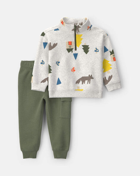 baby boy 2-piece fox fleece top & pant set - grey/olive green