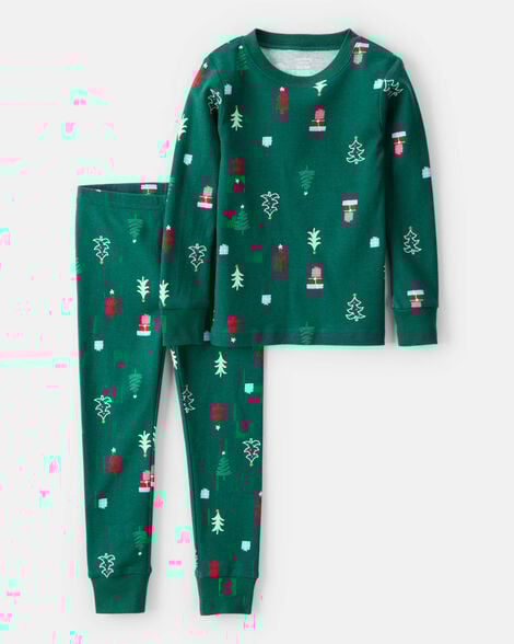 toddler christmas trees 100% cotton long-sleeve snug fit 2-piece pajamas - green