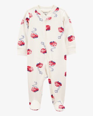 Product image 1 of Baby Fire Truck Print 2-Way Zip Cotton Sleep & Play Pajamas - Cream