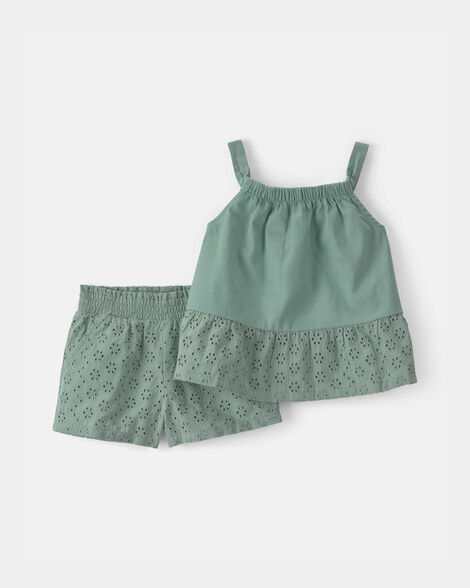 toddler girl 2-piece eyelet tank top & short set - green
