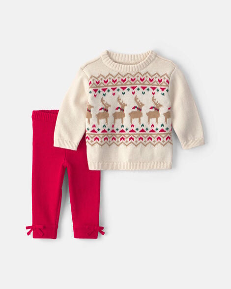 baby girl 2-piece reindeer fair isle long-sleeve top & pant set - red/cream