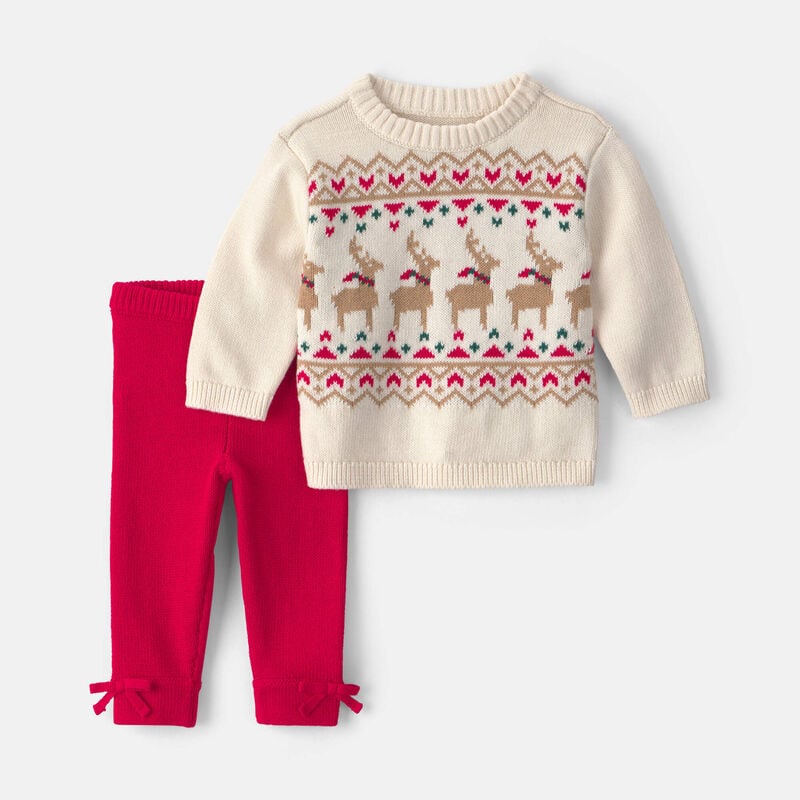 Baby Girl 2-Piece Reindeer Fair Isle Long-Sleeve Top & Pant Set - Red/Cream