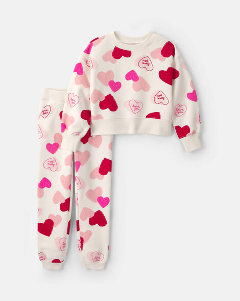 girls 2-piece heart valentine's day fleece long-sleeve top & pant set - pink/cream