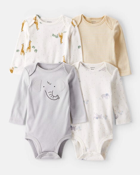 baby 4-pack safari print cotton long-sleeve multipack bodysuits - ivory/yellow