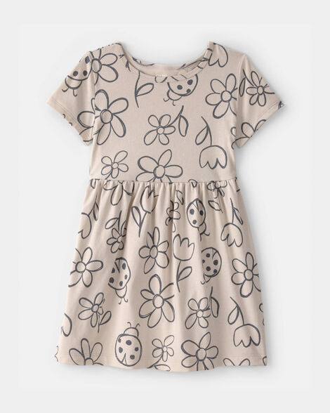 toddler girl floral ladybug short-sleeve dress - brown