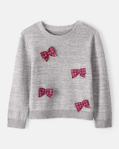 toddler girl bow cotton long-sleeve sweater - grey