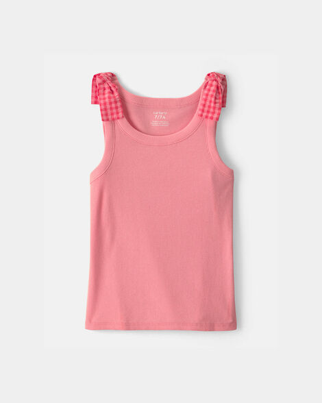 girls gingham bow-sleeve tank top - pink