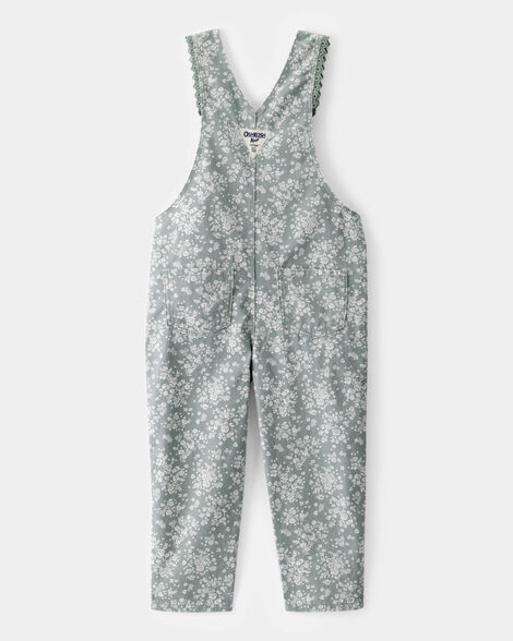 Toddler Lightweight Floral Print Canvas Overalls - Green