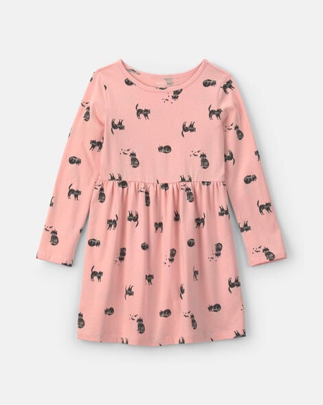 girls halloween cat long-sleeve dress - pink