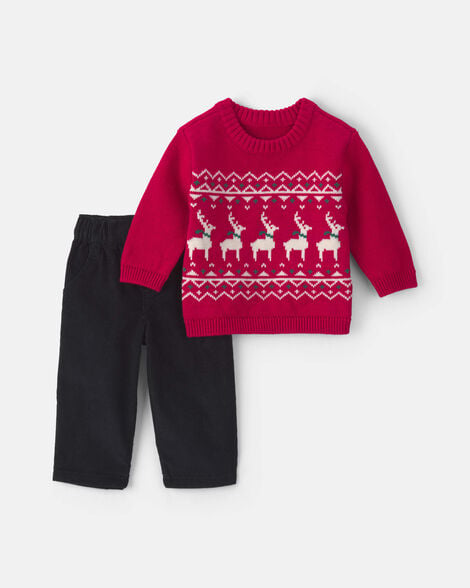 baby boy 2-piece reindeer fair isle sweater & pant set - red/black