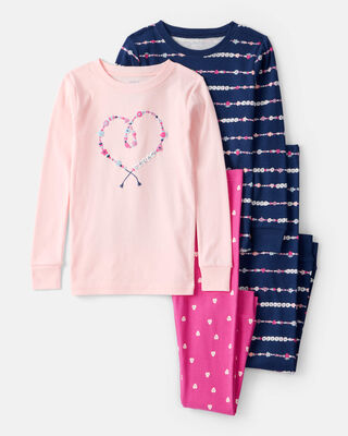 Girls Cherries Print 100% Cotton Long-Sleeve 4-Piece Pajamas - Pink/White