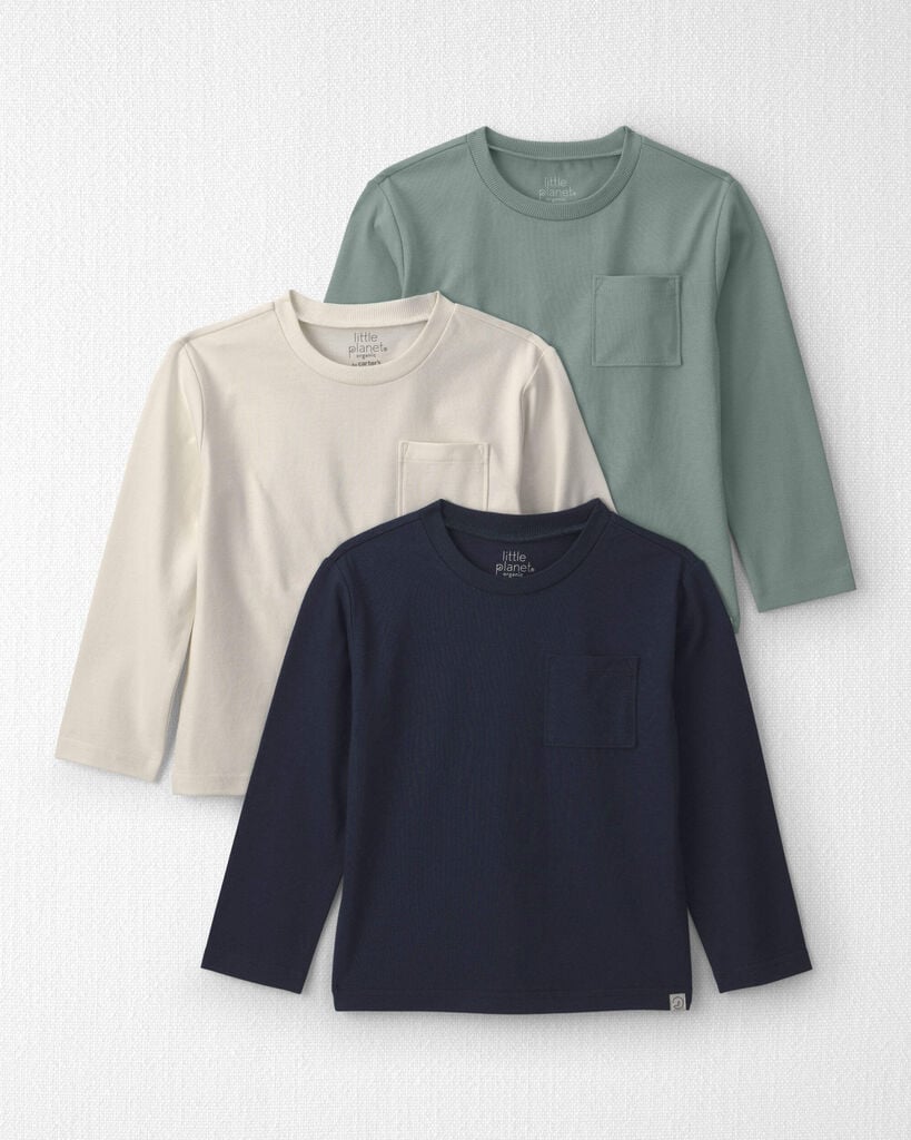 Little Planet Toddler Boy 3-Pack Organic Cotton Pocket Tees 2T Blue, Cream, Navy
