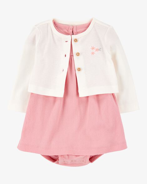  Product image 1 of Baby 2-Piece Bodysuit Dress & Cardigan Set - Pink/Ivory