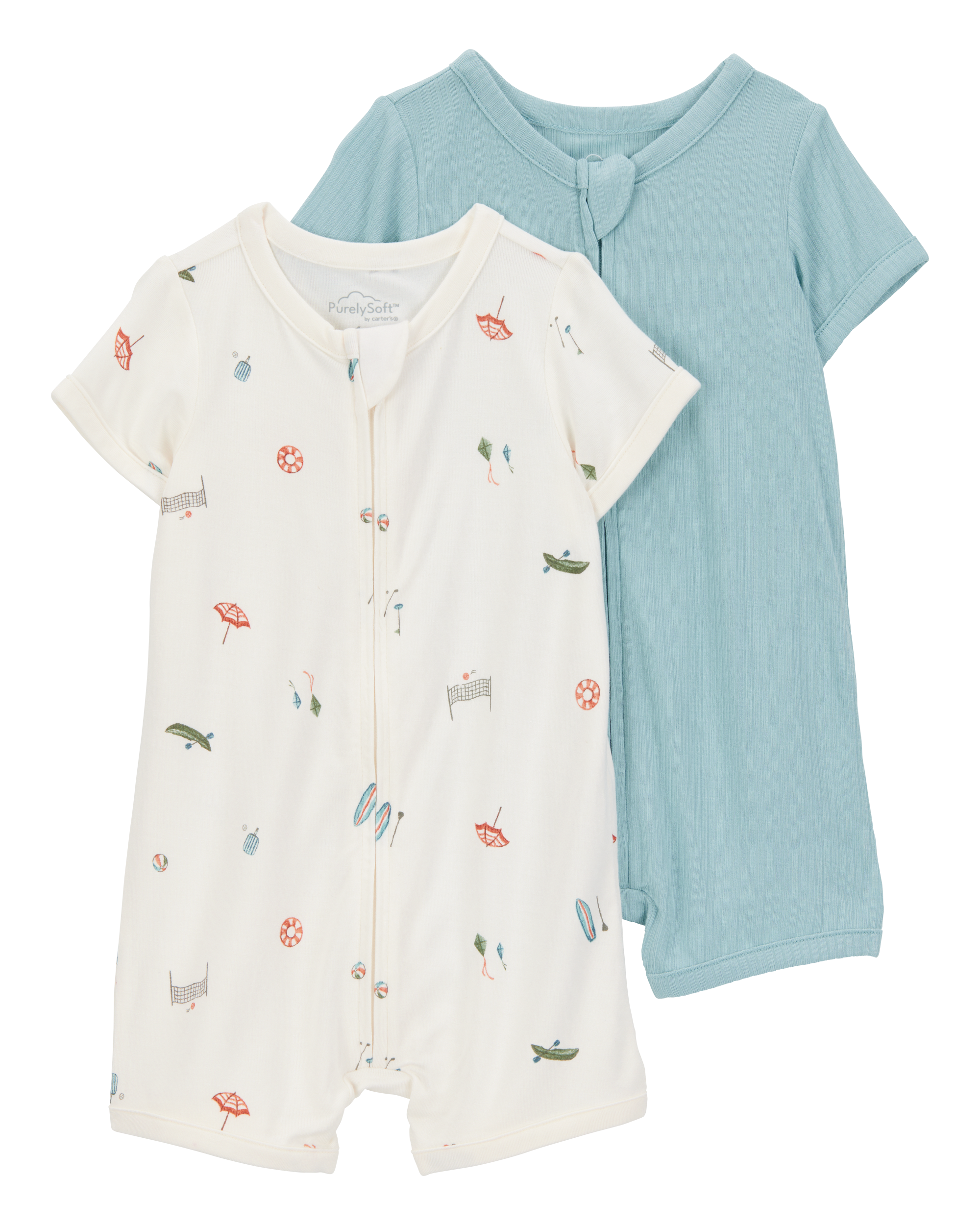 Baby Boy 2-Pack PurelySoft Zip-Up Rompers - Blue/Ivory