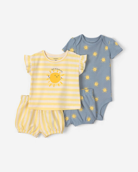 baby girl 4-piece sun striped top & short set - yellow/blue