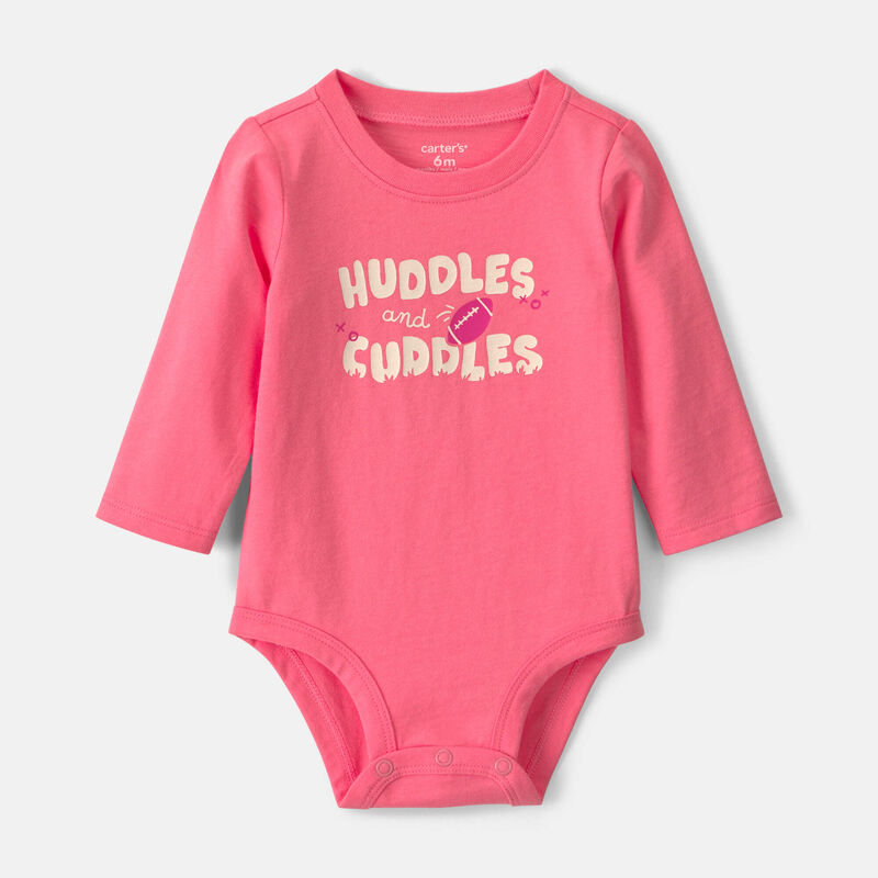 Baby Girl 'Huddles And Cuddles' Football Long-Sleeve Graphic Bodysuit - Coral