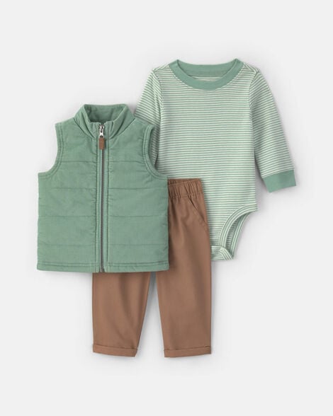 baby boy 3-piece corduroy long-sleeve layering set - green/brown