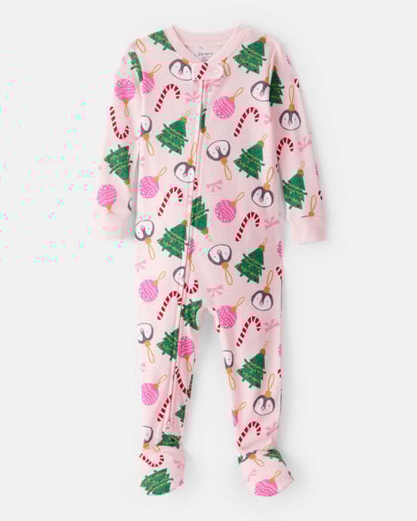 toddler girl pink ornaments 100% cotton long-sleeve snug fit 1-piece pajamas - pink