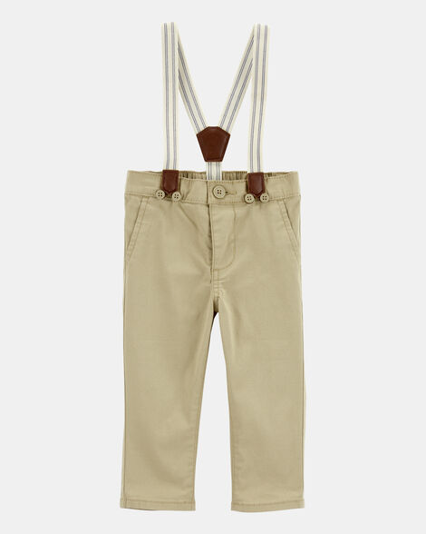 Baby Boy Twill Suspender Pants - Khaki