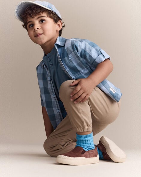 Toddler Boy Button-Down Short-Sleeve Shirt in Plaid - Blue