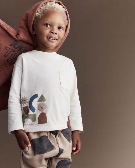 Toddler Long-Sleeve Pocket Relaxed Tee with Shapes - Cream