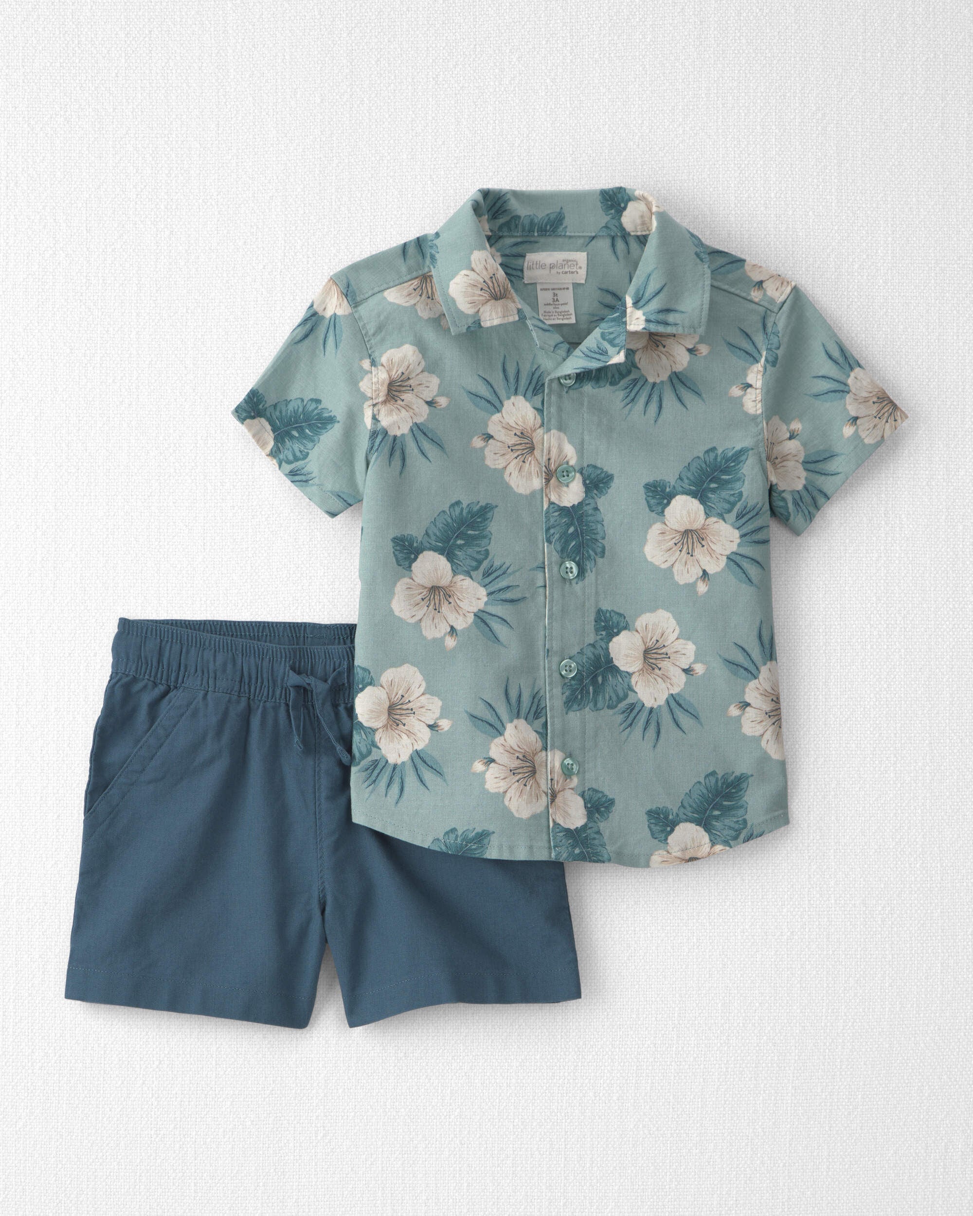 Little Planet Toddler Boy 2-Piece Linen Top Short Set Made with Organic Cotton in Blue Hibiscus 2T Blue Hibiscus 30$