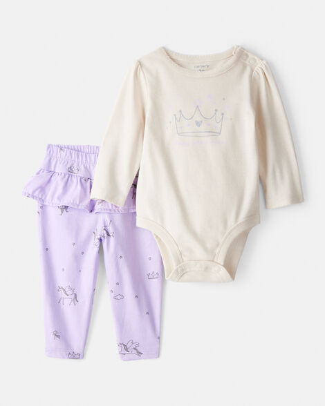 baby girl 'daddy's little princess' star print cotton long-sleeve bodysuit & pant set - white/purple