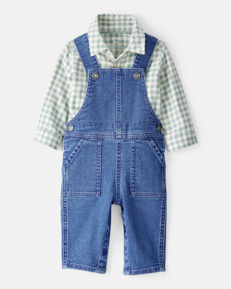 baby boy checkered print bodysuit overall set - blue/green