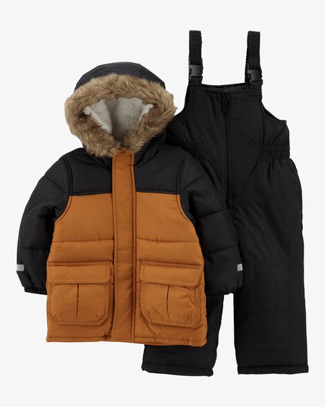 Brown Hooded Faux-Fur Winter Puffer 1-Piece Snowsuit