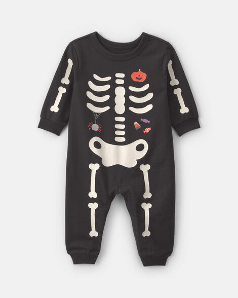 baby halloween skeleton french terry long-sleeve jumpsuit - charcoal