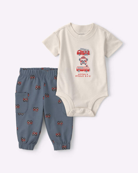 baby boy 2-piece 'mommy's brave guy' bodysuit & pant set - cream/blue
