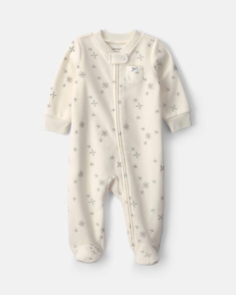 baby girl snowflake fleece 2-way zip sleep & play pajamas - cream