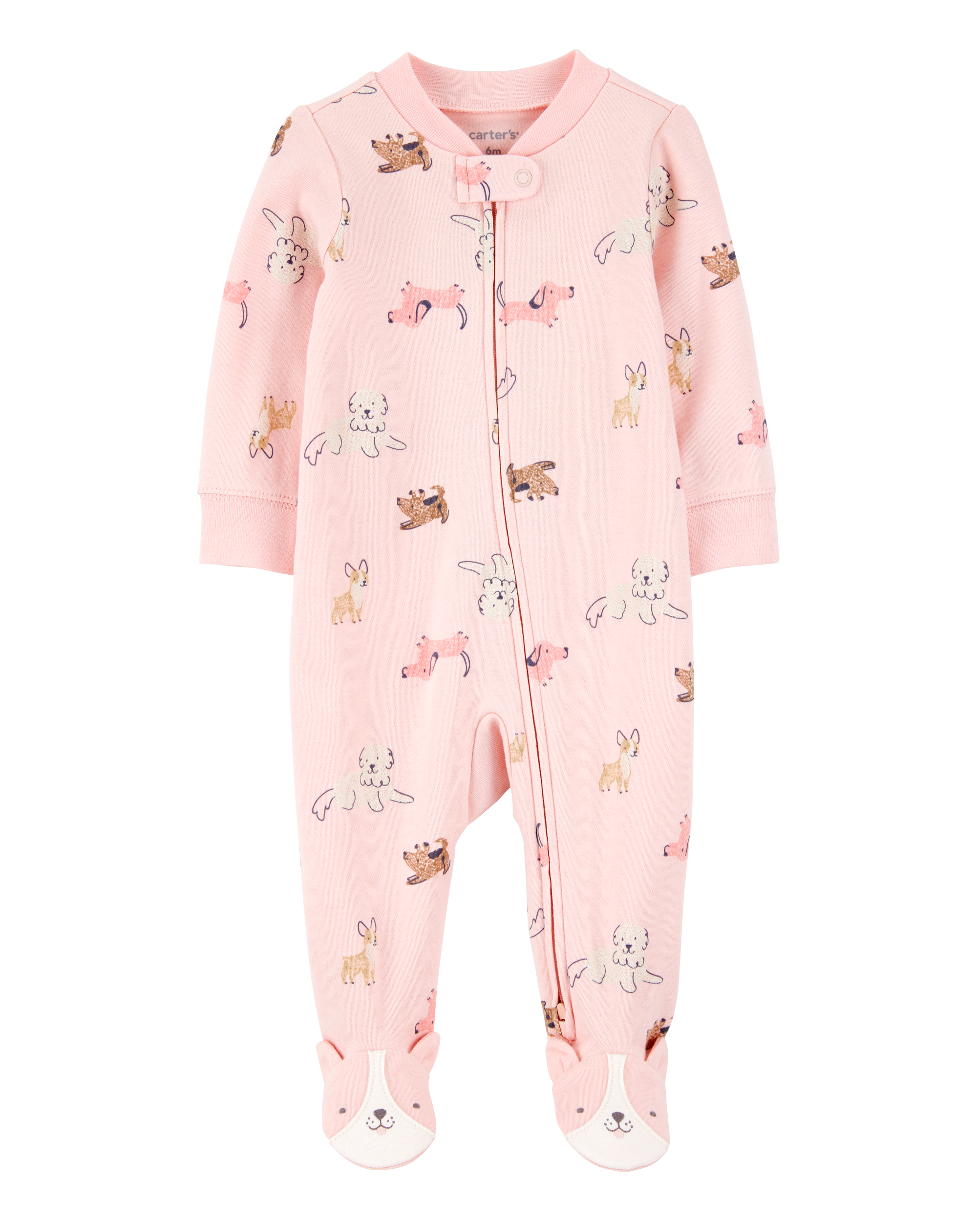Baby Girl Dog Print 2-Way Zip Cotton Sleep & Play Pajamas - Pink