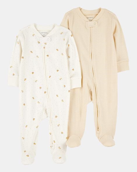 baby 2-pack 2-way zip cotton sleep & play pajamas - white/beige