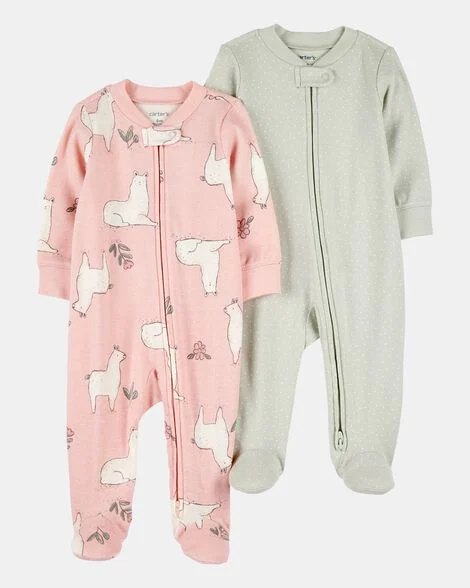 Image of Baby Girl 2-Pack 2-Way Zip Cotton Sleep & Play Pajamas - Pink/Green