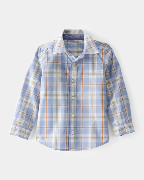Toddler Poplin Plaid Button-Front Shirt  -Blue/Orange/White