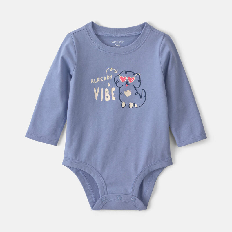 Baby Girl 'Already A Vibe' Dog Long-Sleeve Graphic Bodysuit - Blue