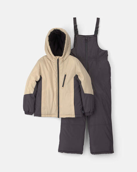 Boys 2-Piece Color Block Hooded Snowsuit Jacket & Bib Set - Khaki/Grey