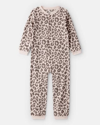 Girls Leopard Print Fleece Long-Sleeve Loose Fit 1-Piece Pajamas -Brown