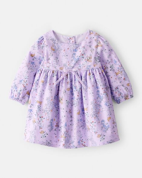 Baby Girl Floral Bunny Print  Long-Sleeve Dress - Purple