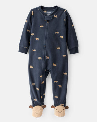 Product image 1 of Toddler Boy Moose & Bear Print Loose Fit Long-Sleeve 2-Way Zip 1-Piece Pajamas - Navy Blue