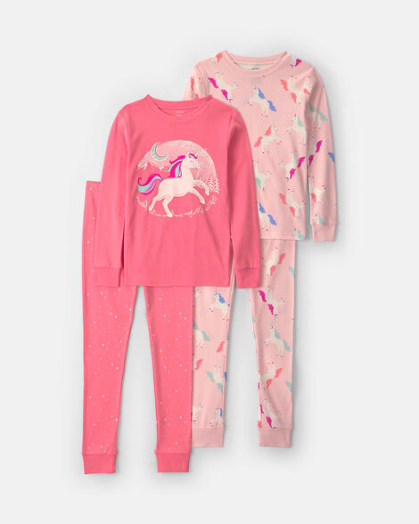 girls 4-piece unicorn 100% cotton snug fit pajama set - coral/pink