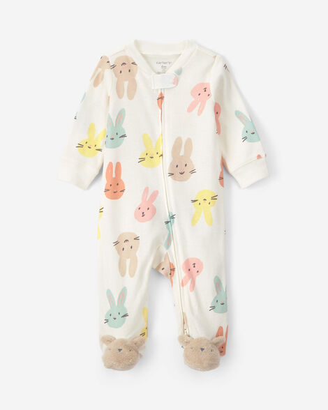 baby easter bunny 100% cotton 2-way zip sleep & play pajamas - cream